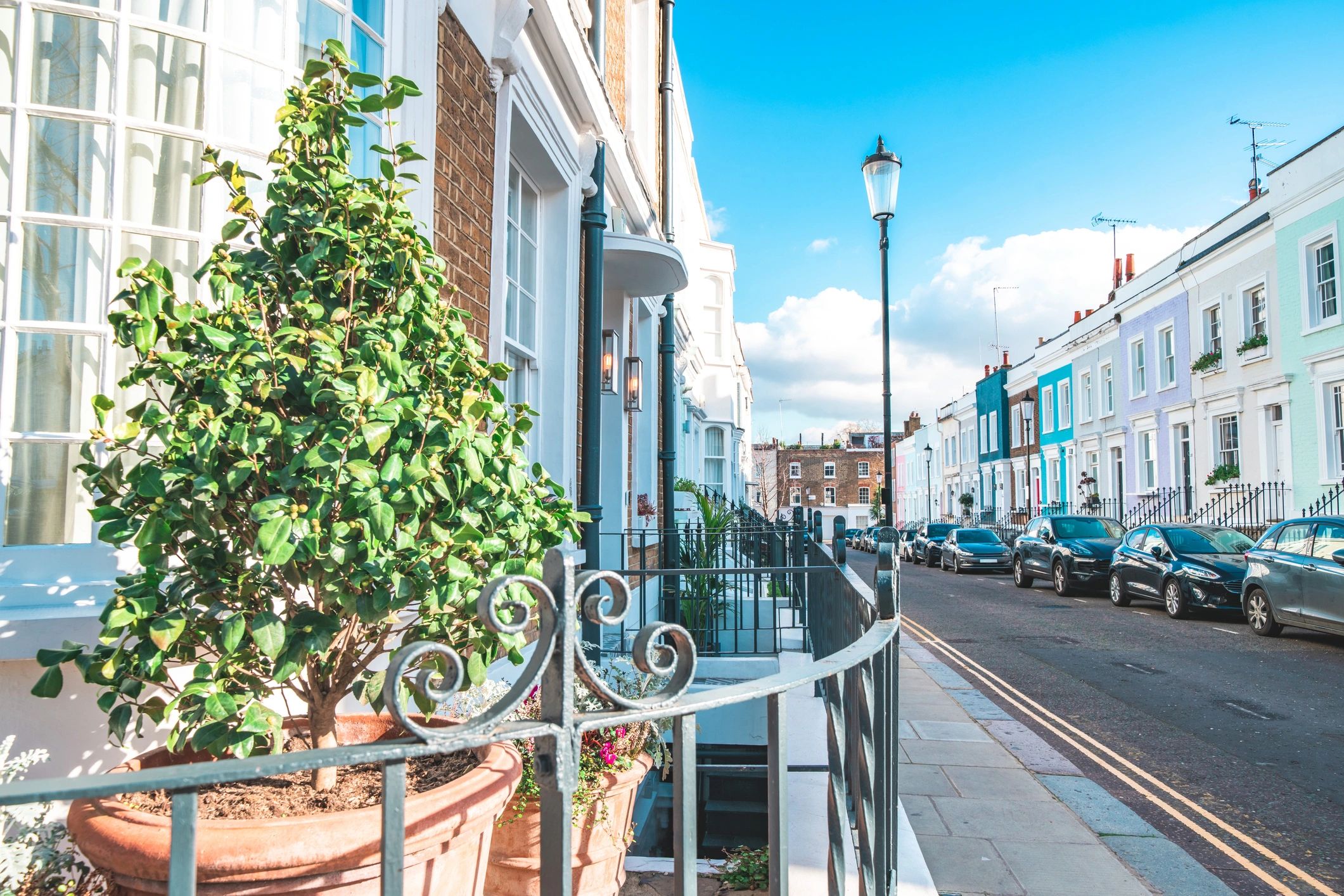 Residential street with colourful homes in London